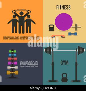 Set of sports equipment items. Flat elements design for gym and fitness, vector illustration. Stock Vector
