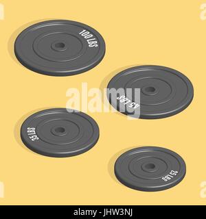 Sports equipment item. Weight plate for barbell, element design for gym. Flat 3D isometric style, vector illustration. Stock Vector
