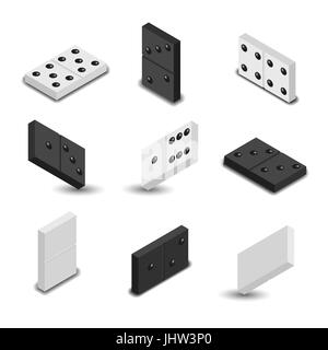 Set of game icons. Black and white items for play of dominoes with shadow. 3D isometric style, vector illustration. Stock Vector