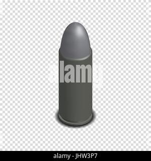 Photorealistic cartridge with a bullet isolated on white background. Design element firearms. 3D isometric style, vector illustration. Stock Vector