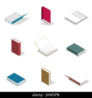 Set of icons, collection of various books isolated on white background. Elements design of printed materials. Flat 3d isometric style, vector illustra Stock Vector
