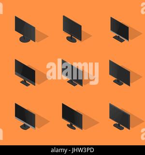 Set of icons, collection of various computer monitors, isolated on yellow background. Element design of digital devices. Flat 3d isometric style, vect Stock Vector