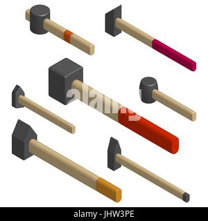 Set of different hammers isolated on white background. Elements design of the working tool. Flat 3d isometric style, vector illustration. Stock Vector