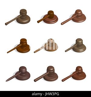 Gavel icons, collection of wooden hammers of judges and stands different shapes, isolated on white background. 3D isometric style, vector illustration Stock Vector