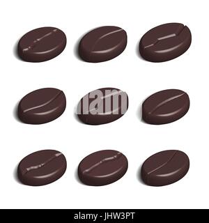 Collection of coffee beans of different shapes isolated on white background. 3D isometric style, vector illustration. Stock Vector