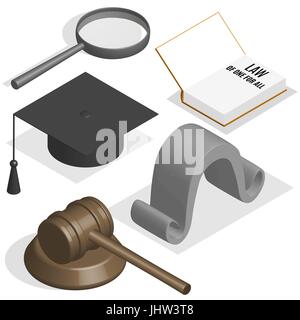 The judge set. Loupe, gavel, wig, book and graduation cap on a white background. 3D isometric style, vector illustration. Stock Vector