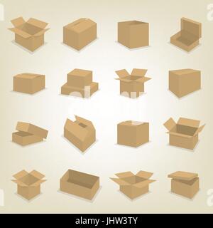 Set of cardboard box icons isolated on white background. Flat style, vector illustration. Stock Vector