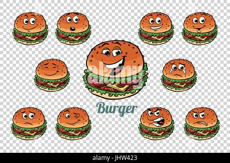 Burger fast food emotions characters collection set. Isolated neutral background. Retro comic book style cartoon pop art vector illustration Stock Vector