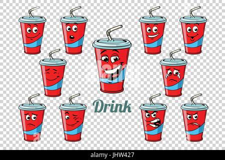 drink Cola tube emotions characters collection set. Isolated neutral background. Retro comic book style cartoon pop art vector illustration Stock Vector