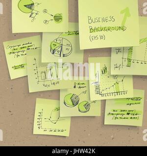 Yellow sticky notes with business infographics on cork board, closeup. All elements editable (available under clipping mask). Vector, EPS10 Stock Vector