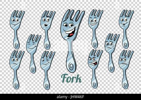 diner fork emotions characters collection set. Isolated neutral background. Retro comic book style cartoon pop art vector illustration Stock Vector