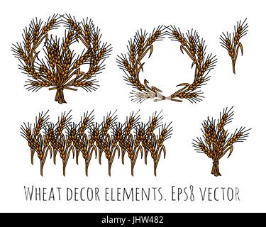 Wheat rye objects isolate decor elements. Stock Vector