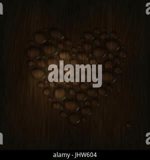 Heart shaped water drops on a wooden texture. Stock Vector
