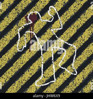 Murder Silhouette on yellow hazard lines. Accident prevention or crime scene concept illustration. Vector, EPS8 Stock Vector
