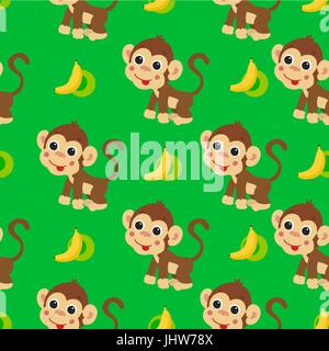 Drawn Monkey. Jumping fun monkeys, seamless pattern. Stock Vector