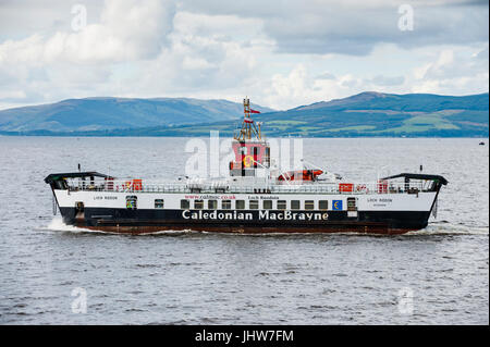 Largs, Scotland - August 17, 2011: A Caledonian MacBrayne ferry. The ferry travels between Largs on the Scottish mainland and the Isle of Cumbrae carr Stock Photo