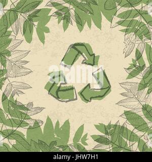 Recycle symbol, printed on reuse paper. In frame of leaves. vector illustration, EPS10. Stock Vector