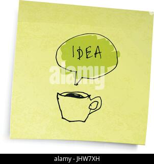 Yellow sticky notes with coffee cup "idea" illustration. Vector illustration, EPS10. Stock Vector