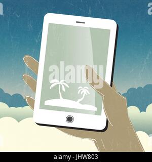 Summer travel conceptual illustration. Smart phone in hand. Vector Stock Vector