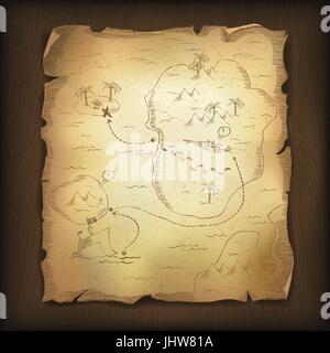 Old treasure map on wood background. Vector, EPS10. Stock Vector