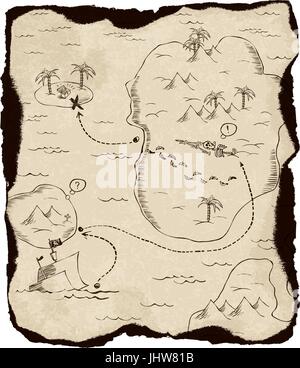 Old treasure map with burned edges. On white background, vector illustration. Stock Vector