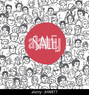 Hand Drawn People Characters Unrecognizable Seamless pattern with Sale Label Stock Vector