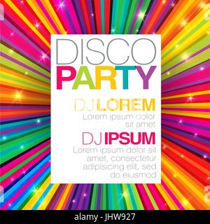 Disco poster or flyer design vector template on colorful rays background Stock Vector