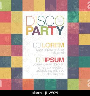 Disco poster or flyer design vintage vector template on colorful squary background Stock Vector