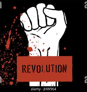 Grunge fist illustration on brick texture with white splashes and space for text. Vector template Stock Vector