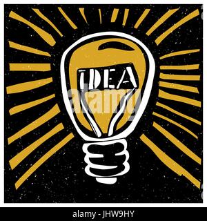 Idea concept illustration. Lightbuld with rays and 'Idea' word. Grunge style. Stock Vector