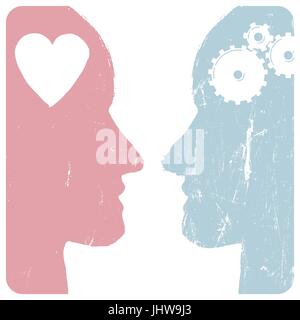 Man and woman profiles. Relations concept. Gears and heart. Grunge styled. Abstract unrecognizable faces. Vector illustration. Stock Vector