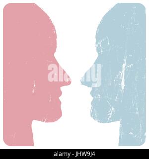 Man and woman profiles. Relations concept. Grunge styled. Abstract unrecognizable faces. Vector illustration. Stock Vector