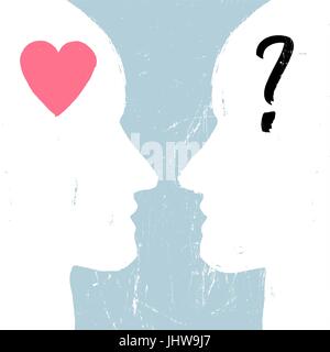 Man and woman profiles with different emotions. Relations concept. Grunge styled. Abstract unrecognizable faces. Heart and question signs. Vector illu Stock Vector