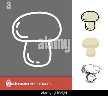 Mushroom vector icons. Thin line, flat, and hand drawn styles Stock Vector