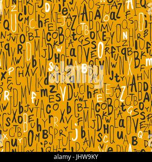 Seamless letters pattern. On yellow paper texture. Different hand drawn alphabets Stock Vector