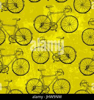 Hand-drawn Bicycles Seamless Pattern on Yellow Background Stock Vector
