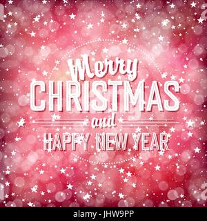 Merry Christmas Greeting Card. Red defocused lights background with stars Stock Vector