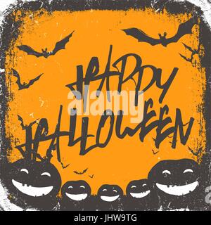 Halloween themed background with hand drawn lettering and bats silhouettes and scary pumpkins Stock Vector