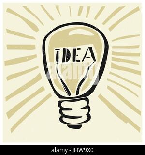 Idea concept illustration. Lightbuld with rays and 'Idea' word. Grunge style. Stock Vector