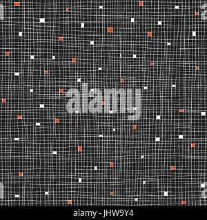 Seamless Cell hand-drawn pattern on black with red squares Stock Vector