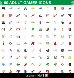100 adult games icons set, cartoon style Stock Vector