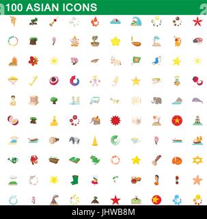 100 asian icons set, cartoon style Stock Vector