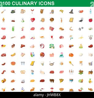 100 culinary icons set, cartoon style Stock Vector