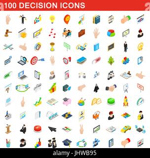 100 decision icons set, isometric 3d style Stock Vector
