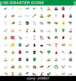 100 disaster icons set, cartoon style Stock Vector