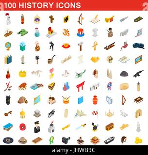100 history icons set, isometric 3d style Stock Vector