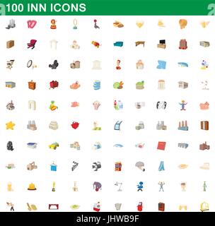 100 inn icons set, cartoon style Stock Vector