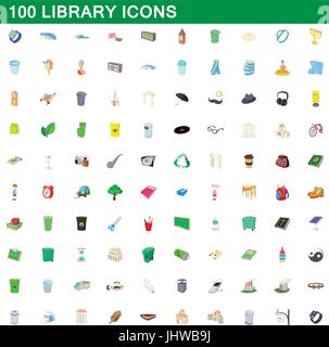 100 library icons set, cartoon style Stock Vector