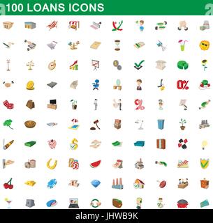 100 loans icons set, cartoon style Stock Vector