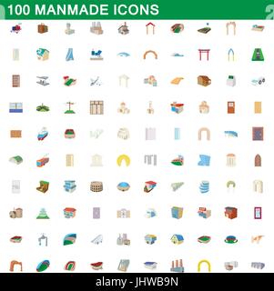 100 manmade icons set, cartoon style Stock Vector
